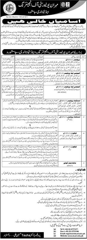 Mehran University of Engineering, Jamshoro Jobs