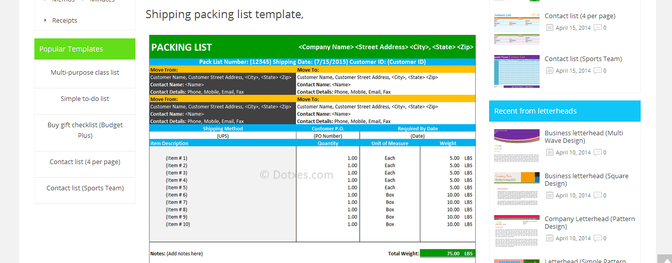 shipping packing list