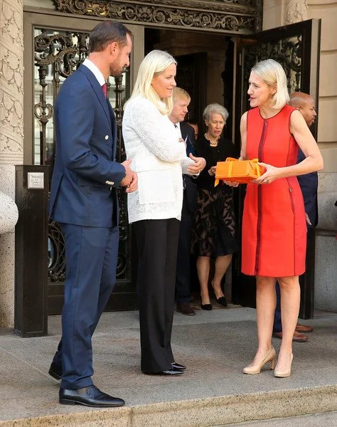 Crown Prince Haakon of Norway and Crown Princess Mette-Marit of Norway attends a ceremony to celebrate a gift of Norwegian textile at the Cooper Hewitt, Smithsonian Design Museum 