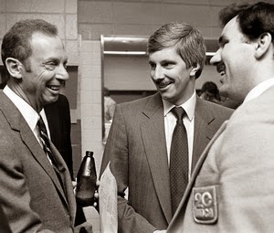 Yvon Labre (R) in his TV-20 blazer, owner Abe Pollin, GM David Poile