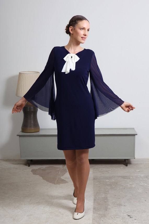 navy blue dress with bell sleeves