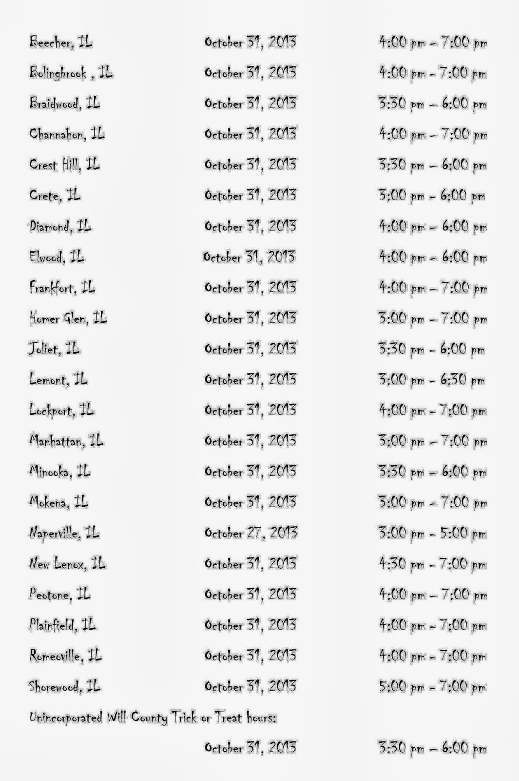 2013 Halloween TrickorTreat Hours in Will County, IL Communities