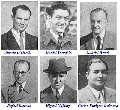 Los ajedrecistas Alberic O’Okelly, Daniel Yanofsky, Gabriel Wood, Rafael Llorens, Miguel Najdorf y Carlos-Enrique Guimard