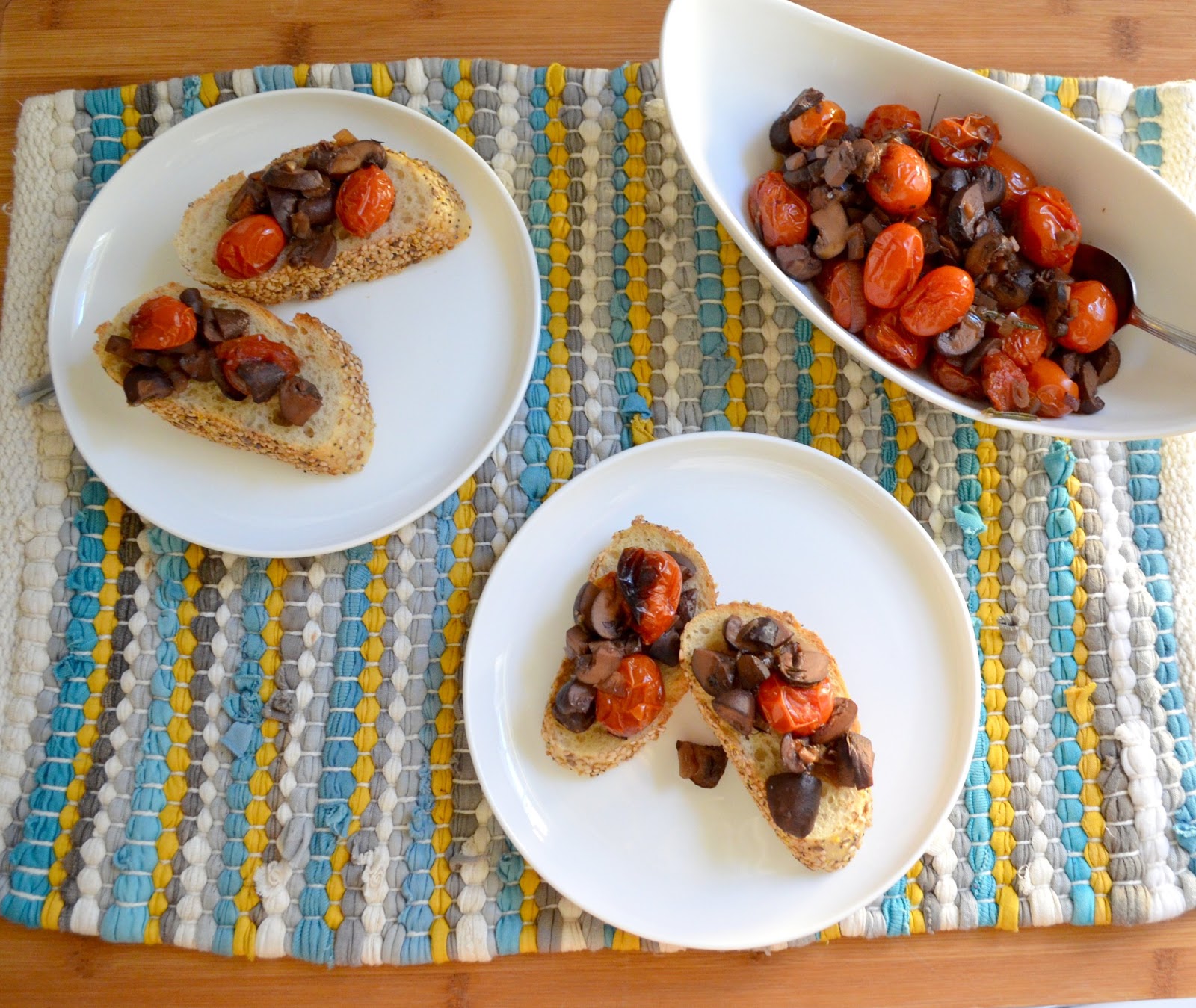 The Inventive Vegetarian Oven Roasted Mushroom and Tomato Crostini