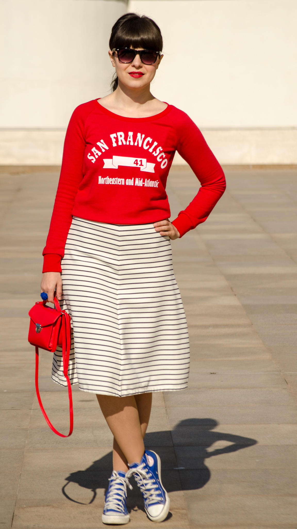 sport red top koton zara striped skirt stripes navy look red bag satchel cobalt blue sneakers converse spring outfit