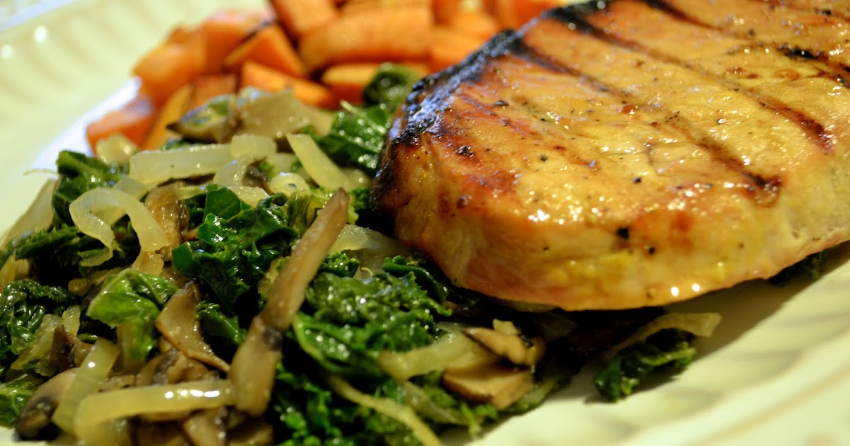 Paleo & Wine Raw Honey & Mustard Glazed Pork Chops with a Kale and