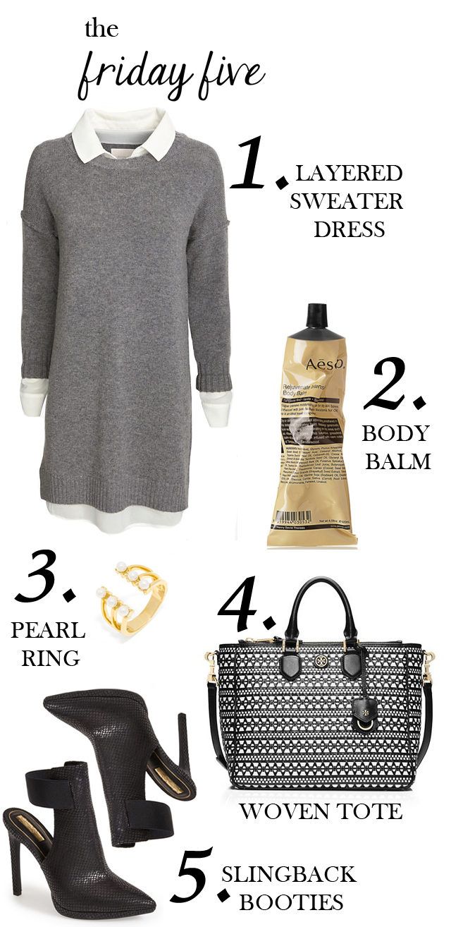 the friday five with jessica simpson slingback booties, bauble bar pearl ring, aesop body balm, tory burch woven tote and sweater dress M Loves M @marmar