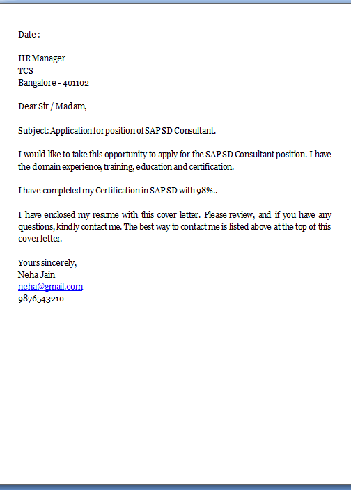 sample sap sd consultant cover letter