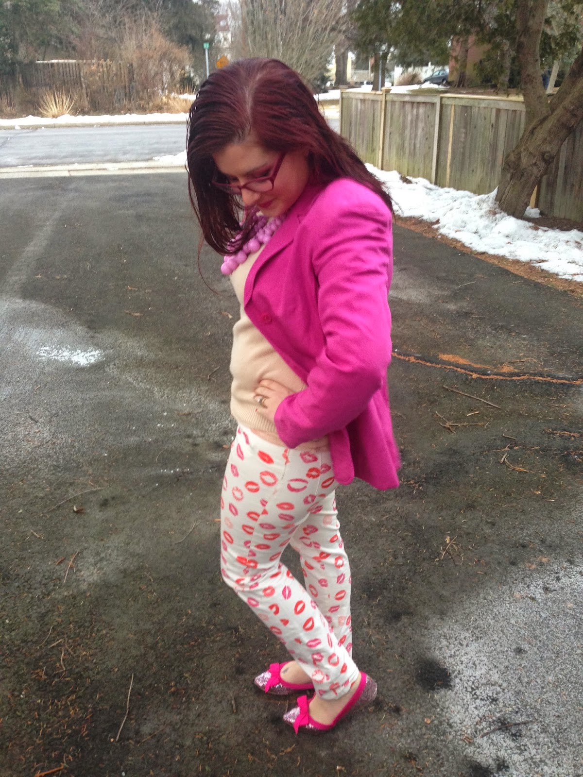 behind the leopard glasses Day 12 lip stick print pants