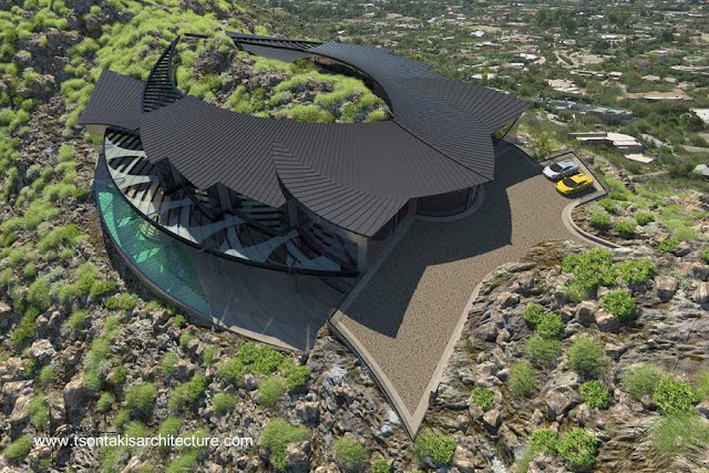 Casa de gran superficie corona la cúspide de una sierra en Paradise Valley Arizona Residencia ultra-moderna de diseño orgánico en Estados Unidos