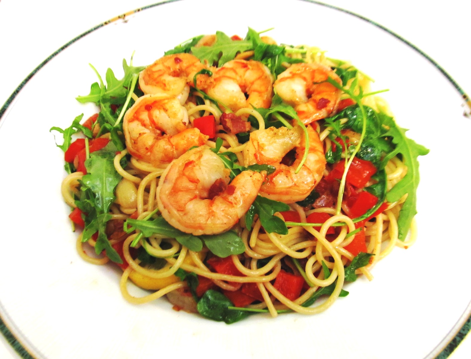 Food and Thrift Linguine with Pancetta, Prawns (Shrimp) and Rocket