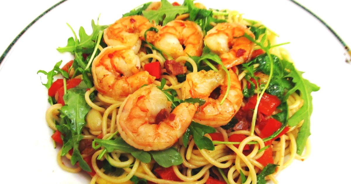 Food and Thrift Linguine with Pancetta, Prawns (Shrimp) and Rocket