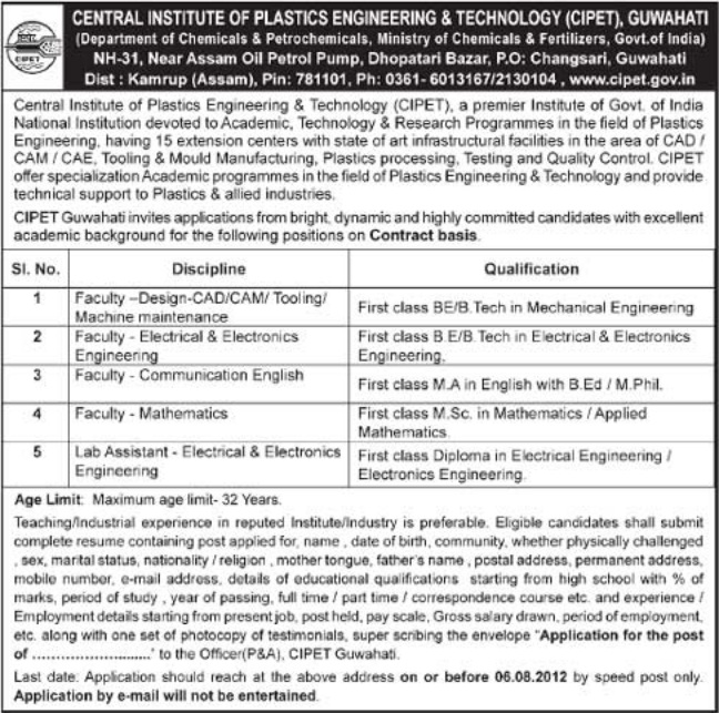 CIPET, Guwahati Faculty Jobs, July 2012 Jobs In