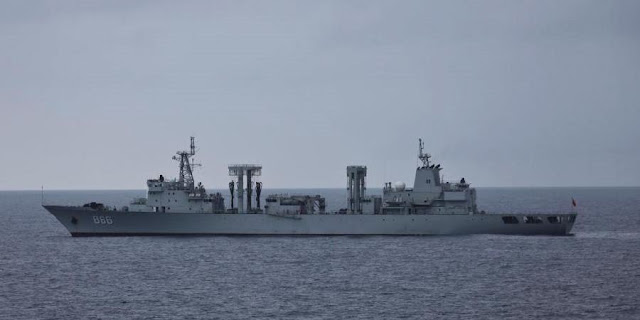 Only the Qinghai-Hu and the Fuchi-class ships are equipped with the hangars necessary to embark Z-8 logistics support helicopters PLA Navy Type 903A replenishment ship