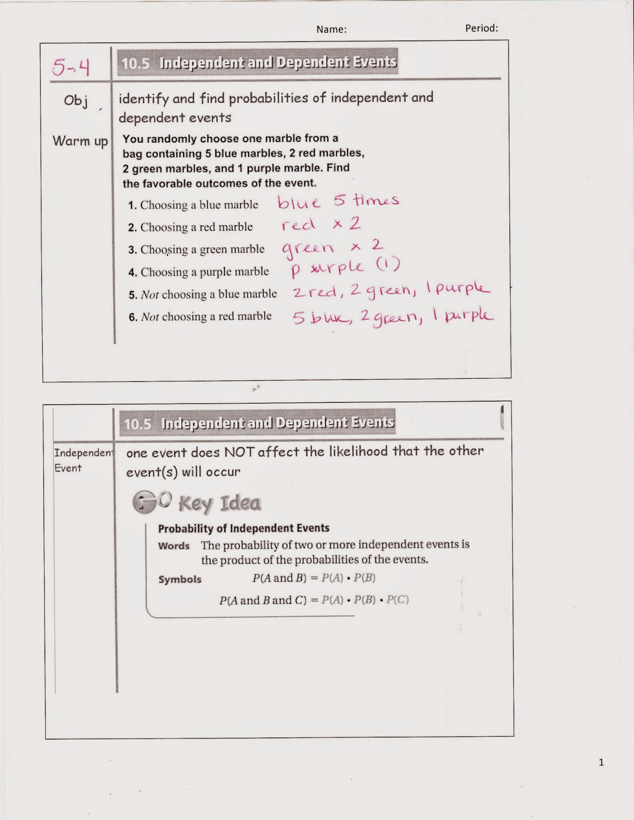 Ms. Jean's Classroom Blog: Math 7 10.5 Independent and Dependent Events