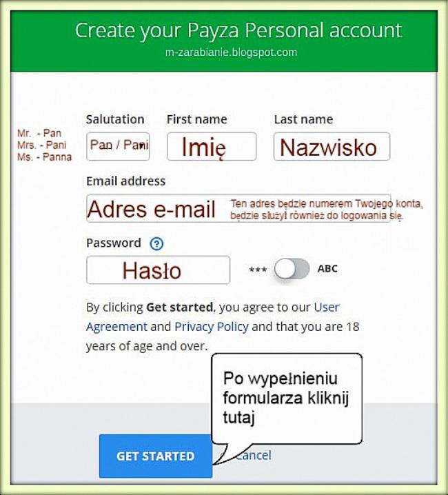 Payza — wypełnianie formularza rejestracyjnego. Payza — wypełnianie formularza rejestracyjnego.