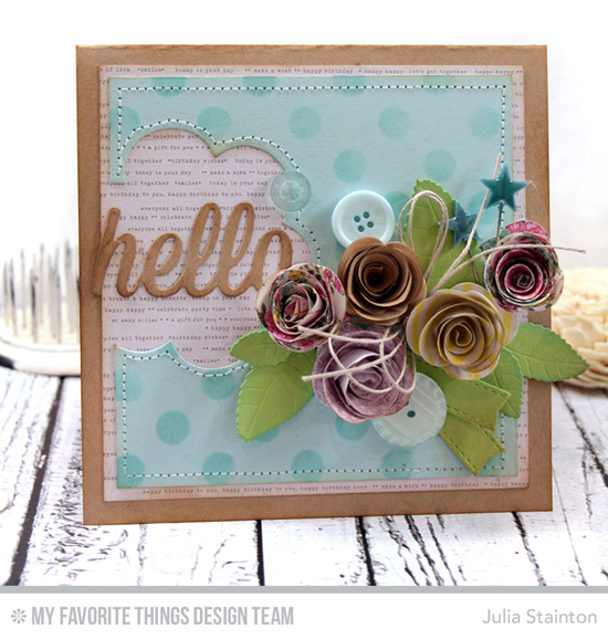 Cozy Floral Hello Card by Julia Stainton featuring the Rolled Rose, Happy Hellos, Royal Leaves, and Blueprints 25 Die-namics