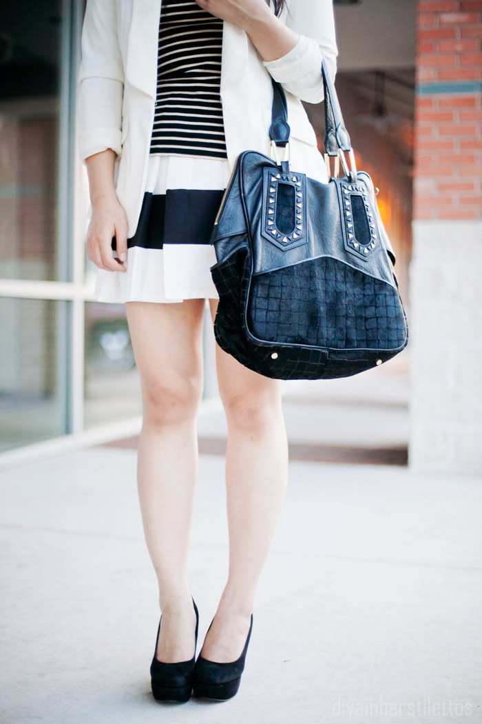 lulus contrast striped skirt, zara basic striped tee shirt, forever 21 white basic blazer, austin fashion blog, texas style blog, diya liu, monochromatic fashion, summer 2012