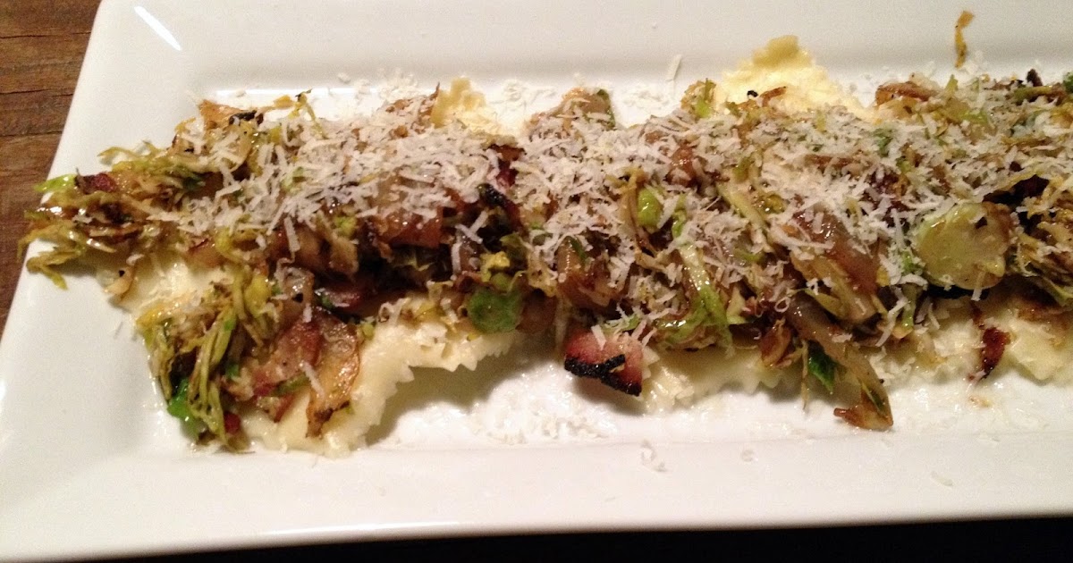 Bourbon and Bleu cheese ravioli with brussel sprouts and bacon