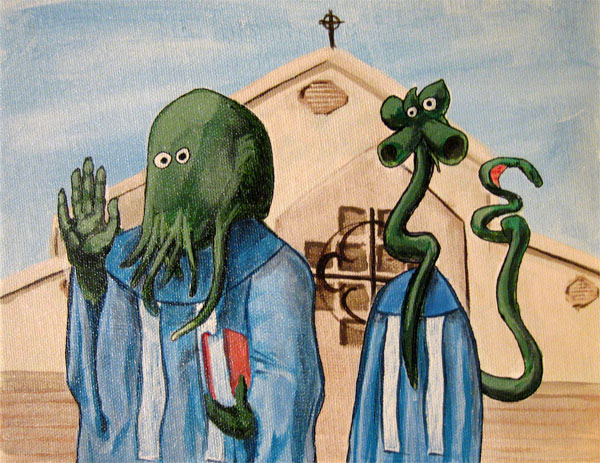 Cthulhu and a star creature waving goodbye in front of St. Hilarys Church in Victorville.
