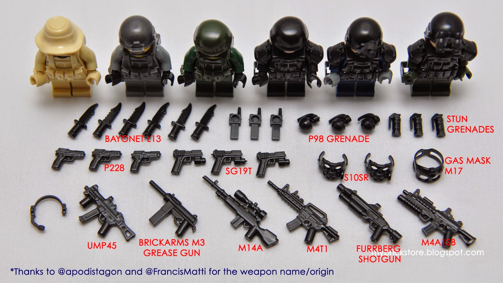 12 PCS Military / SWAT Items Gas Mask Vest Belt Weapons for Lego Minifigure
