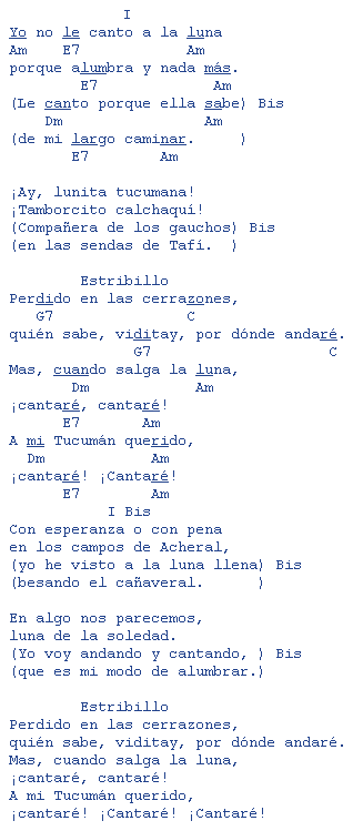 Letra y acordes de la zamba Luna tucumana: ¡Ay, Am lunita tucumana! E7