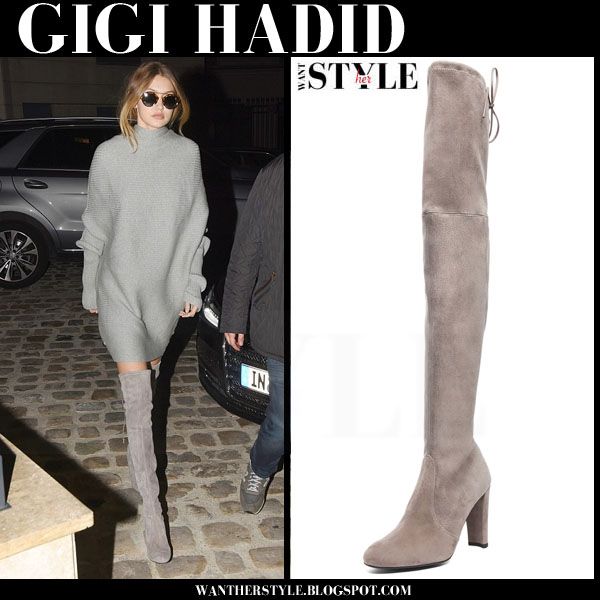 Gigi Hadid in grey oversized sweater and grey suede boots Gigi Hadid in grey oversized sweater and grey stuart weitzman hgihtland suede boots what she wore streetstyle