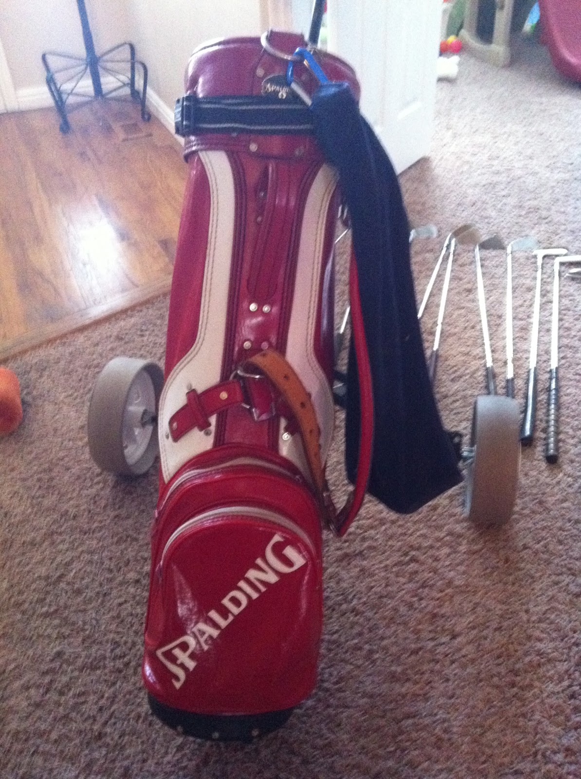 Online yard sale vintage spalding red leather golf bag and cart
