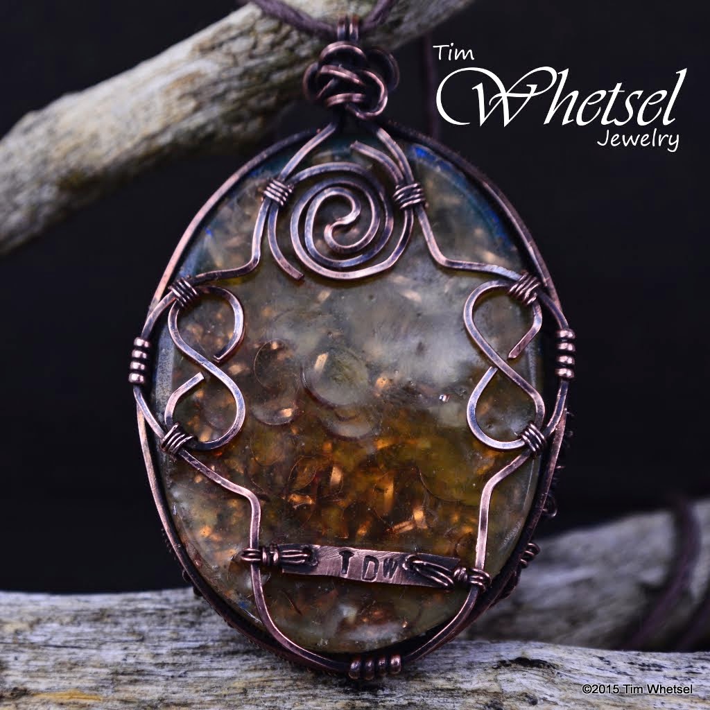 Back side of the mother of pearl orgonite wire wrapped tree of life pendant - ©2015 Tim Whetsel Jewelry