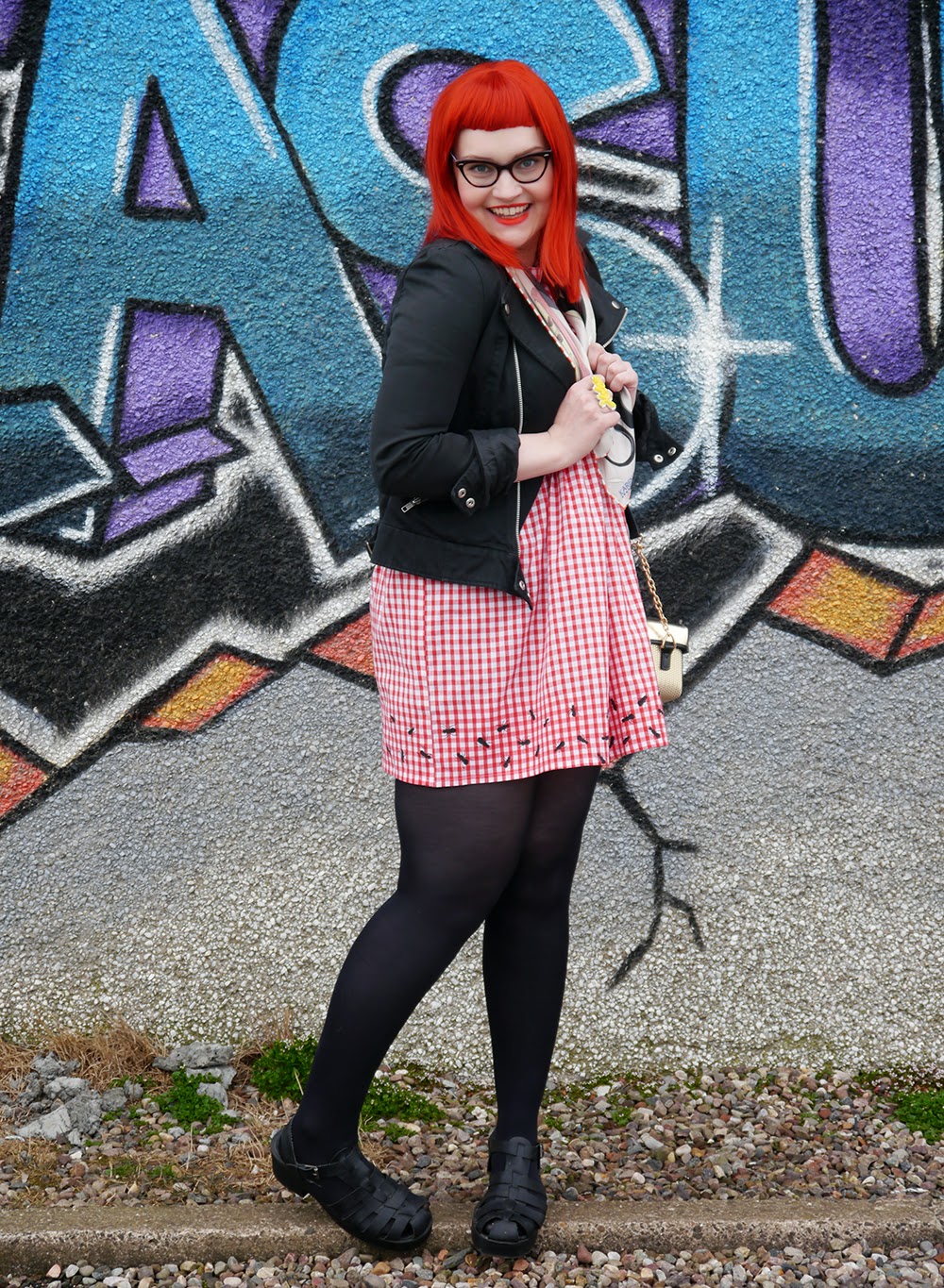 Kimberley Styled as Helen Blogging duo, Scottish blogging duo, Scottish bloggers, twin styling, red wig, ginger wig, cat eye glasses, Vintage Style Me gingham dress, Karen Mabon bull in a china shop scarf, H&M biker style jacket, Bonnie Bling name ring, Helen's style, Blog birthday, style challenge, Sugar & Vice cherry bakewell necklace