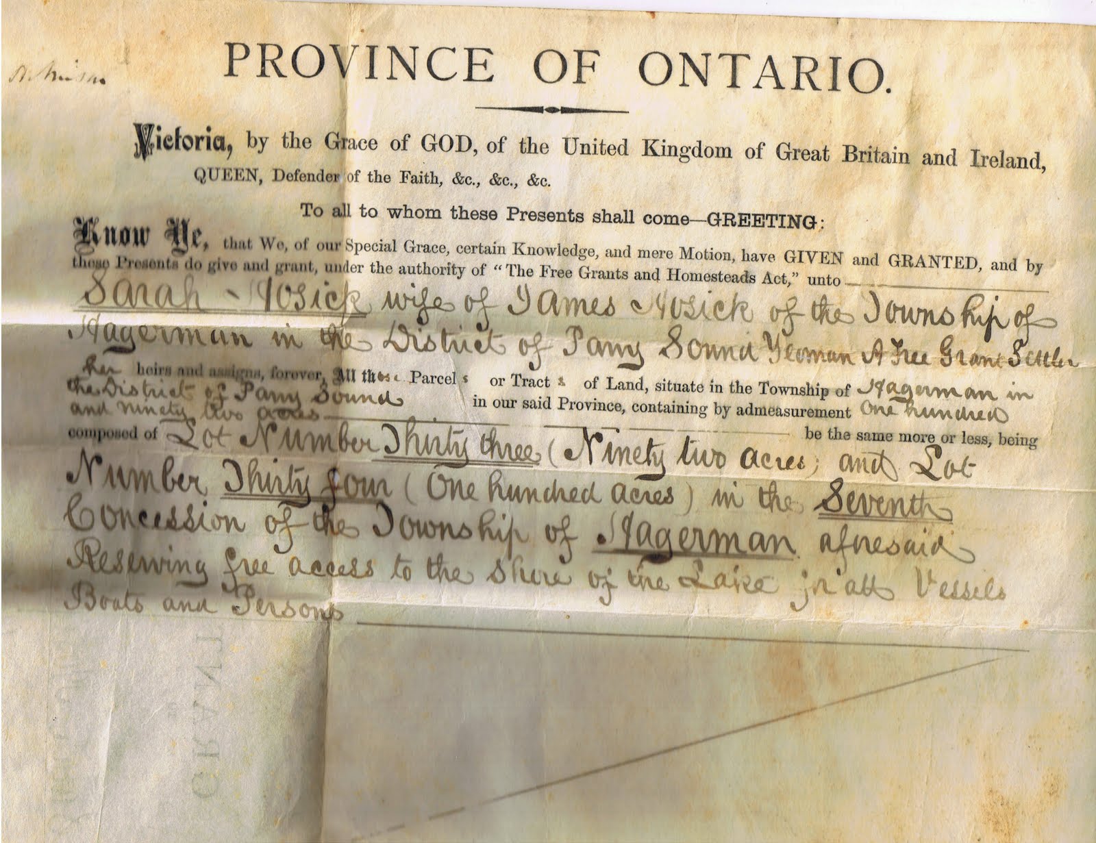 The Musical Gardener Ontario Land Grant Deed