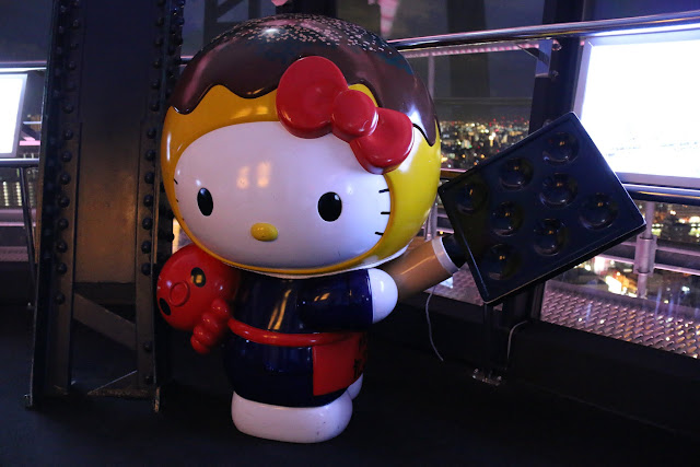 Hello Kitty at observation deck of Tsutenkaku Tower in Osaka Shinsekai, Japan Hello Kitty at observation deck of Tsutenkaku Tower in Osaka Shinsekai, Japan