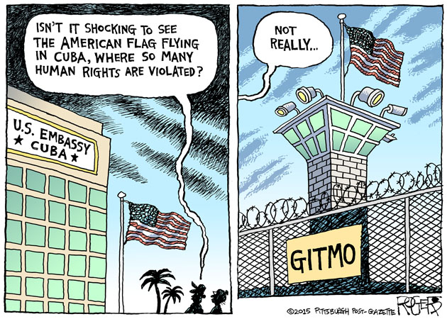Man:  Isn't it shocking to see the American flag flying in Cuba where so many human rights violations have occured.  Second man, visualing Gitmo:  Not really.