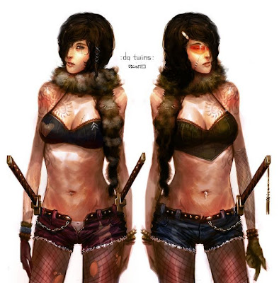 twin warrior babes with swords tattoos and daisy dukes