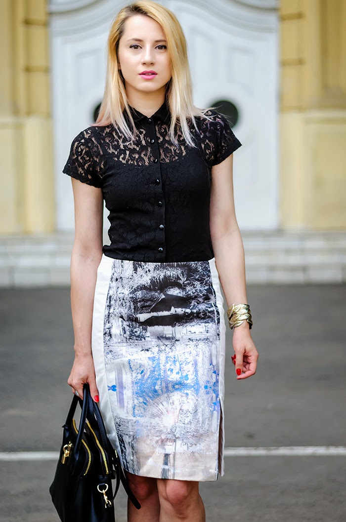 lace shirt H&M trend landscape skirt Nowistyle bag