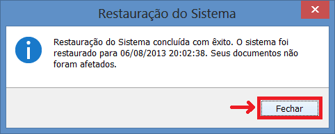 mensagem de conclusão com sucesso de restauração do sistema