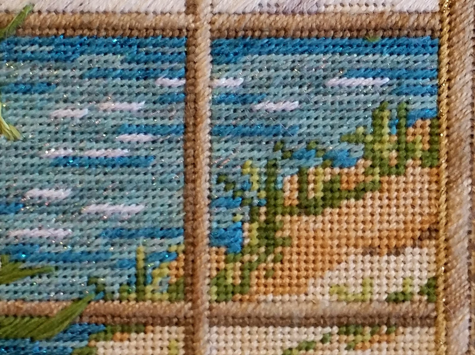 The beach/dune area is done in plain old tent/basketweave stitch, again usi...