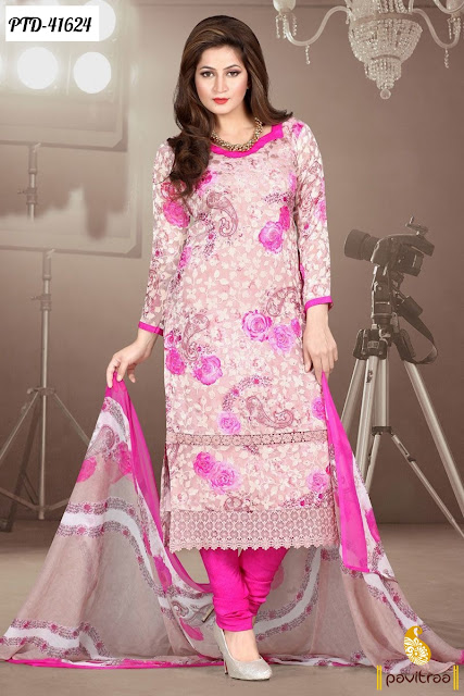 Pink Cream Printed Casual Salwar Suits at lowest price 