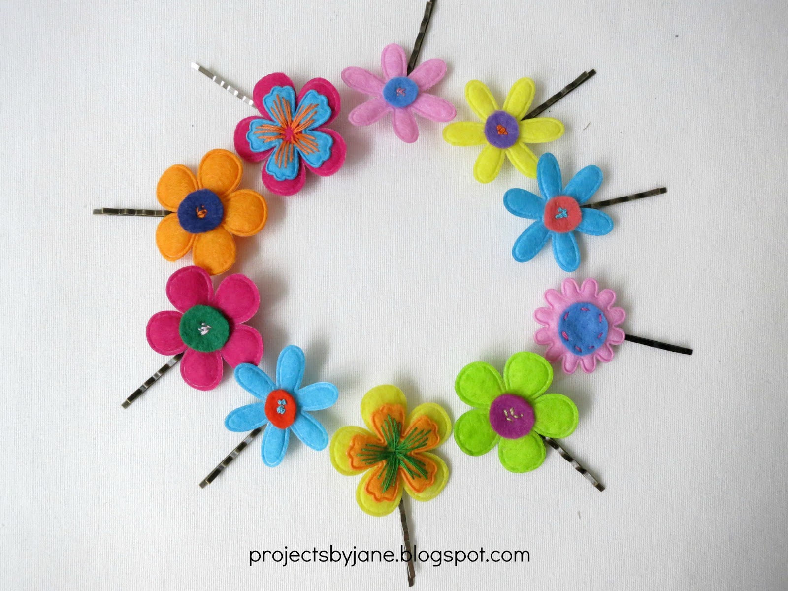 Felt flower hair pins Projects by Jane