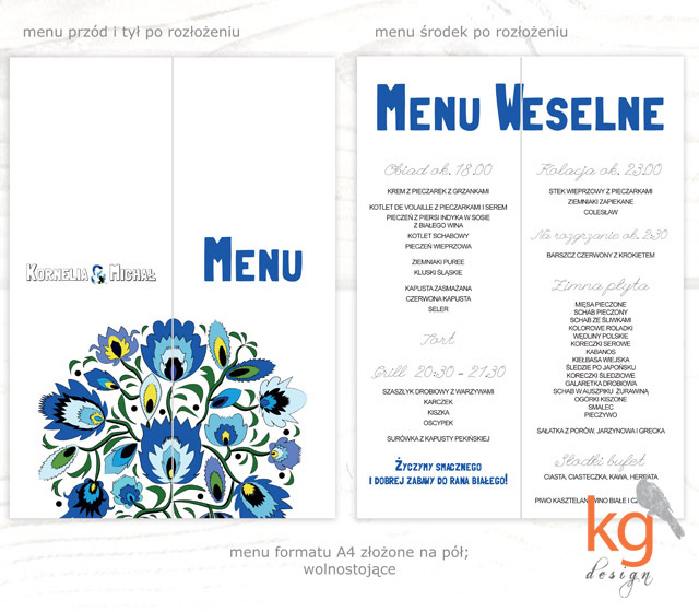 dodatki łowickie, zawieszka na alkohol, winietki, menu, księga gości, plan stołów, folk, styl ludowy, podziękowanie dla gości, napis na wstążce, numery stołów, nazwy stołów, etykiety na ciasto, dodatki weselne, łowicka wycinanka, kwiaty ludowe, motyw ludowy, styl rustykalny, fuksja, róż, żółty, niebieski, chabrowy, granatowy, zawieszka na alkohol, sznurek lniany, dodatki ślubne, folkowy ślub, projekt dodatków na ślub,