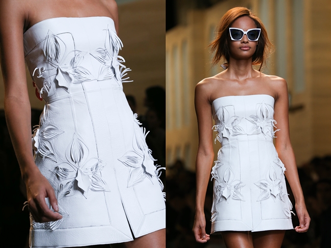 Fendi 2015 SS White Mini Leather Bustier Dress With Embroidery on Runway
