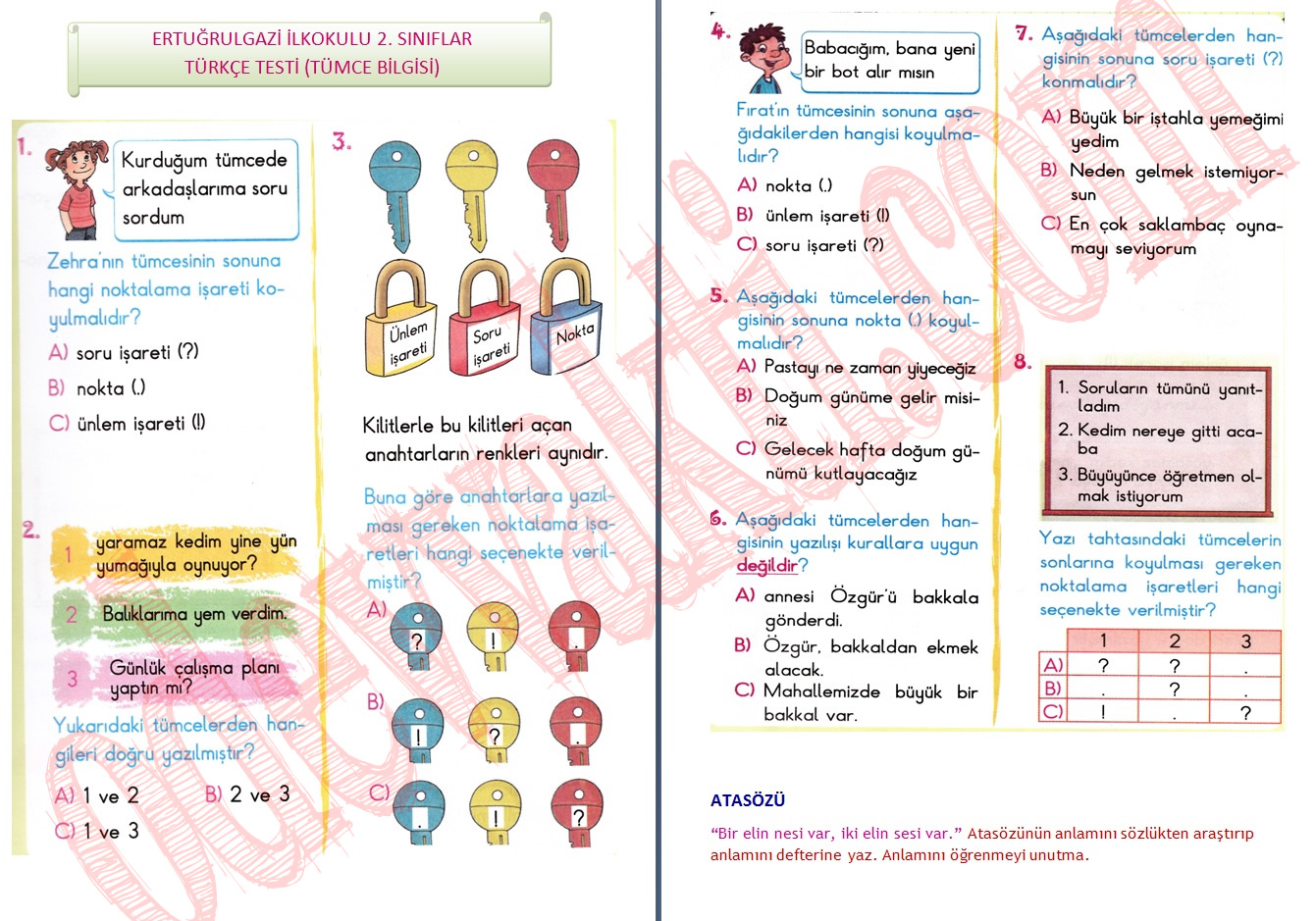 Ödev Vakti: 2. Sınıf Tümce (Cümle) Bilgisi Testi