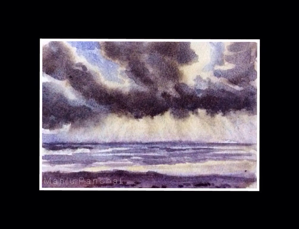 water colour painting of seashore created using wet on wet technique by manju Panchal