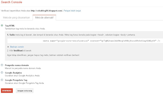 Verifikasi Blog Ke Google webmaster Tools