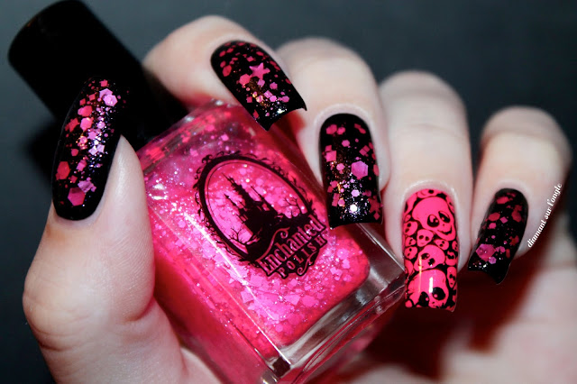 Black and Pink Skulls Nail Art