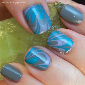 Water Marble Decal technique for Tri-Polish Tuesday grey, teal, and lilac using Barry M Gelly polishes.