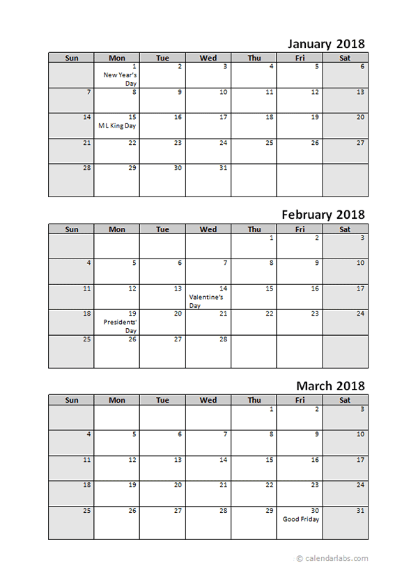 printable 2018 monthly calendar template