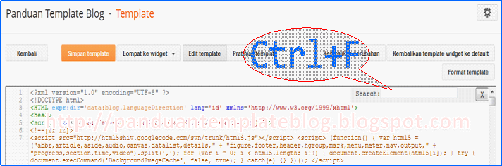 Mencari Kode Template di Menu Edit HTML Baru