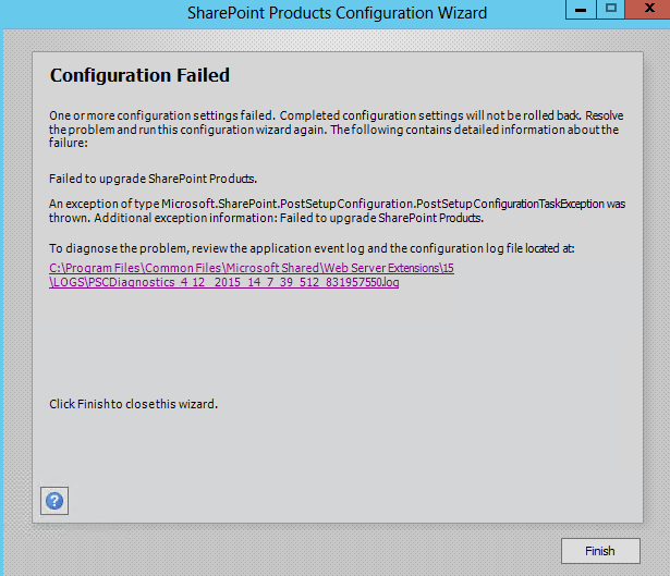 An exception of type microsoft.sharepoint.postsetupconfiguration.postsetupconfigurationtaskexception was thrown. additional exception information: Failed to upgrade SharePoint Products.