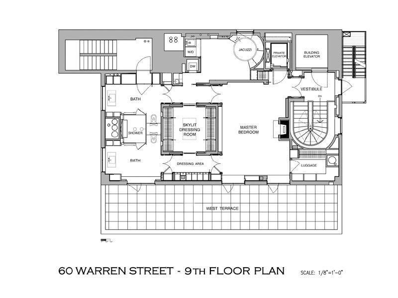 Floor plan of ninth floor in the Tribeca penthouse